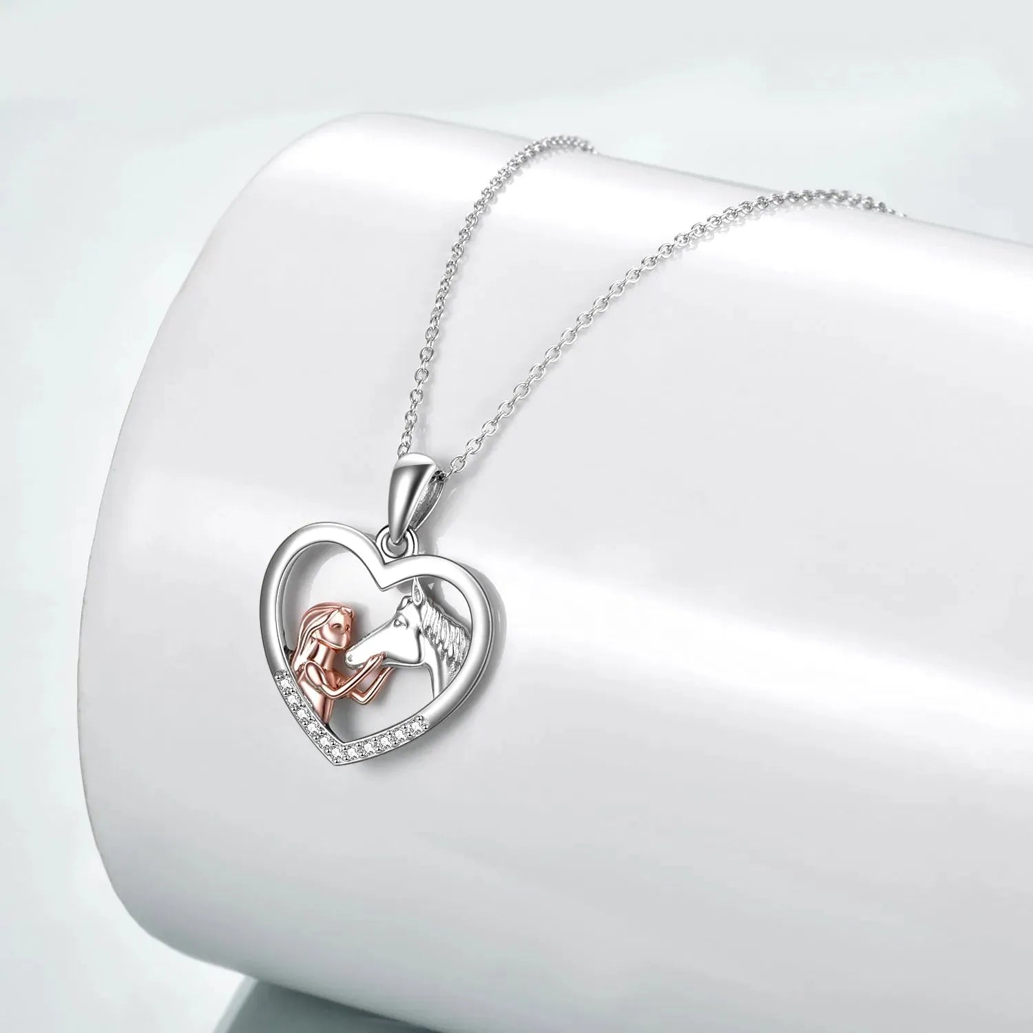 Girls and Horse Pendant Necklace Sterling Silver Gifts for Women Girls - Bellarte Enchanté Girls and Horse Pendant Necklace Sterling Silver Gifts for Women Girls